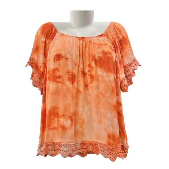Bobeau Women's Orange/White Off-the-Shoulder Blouse w/ Lace Arm/ Hem Detail SZ M - Picture 1 of 9